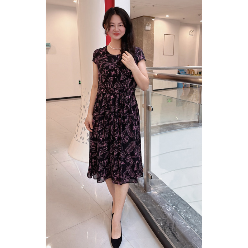 台湾轻奢暗底玫红花卉印花连衣裙日常体面打起 P7143