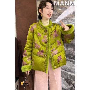 花 特价 新中式毛绒领羽绒服女短款印花白鹅绒外套通勤风保暖