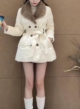 欧洲站2024冬季女编织水貂毛翻领系带修身中长款白鹅绒羽绒服9045