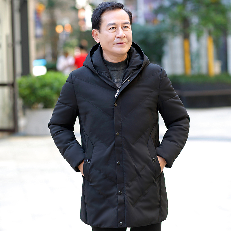 中老年男士商务休闲棉衣中年爸爸装连帽中长款加厚保暖棉服外套