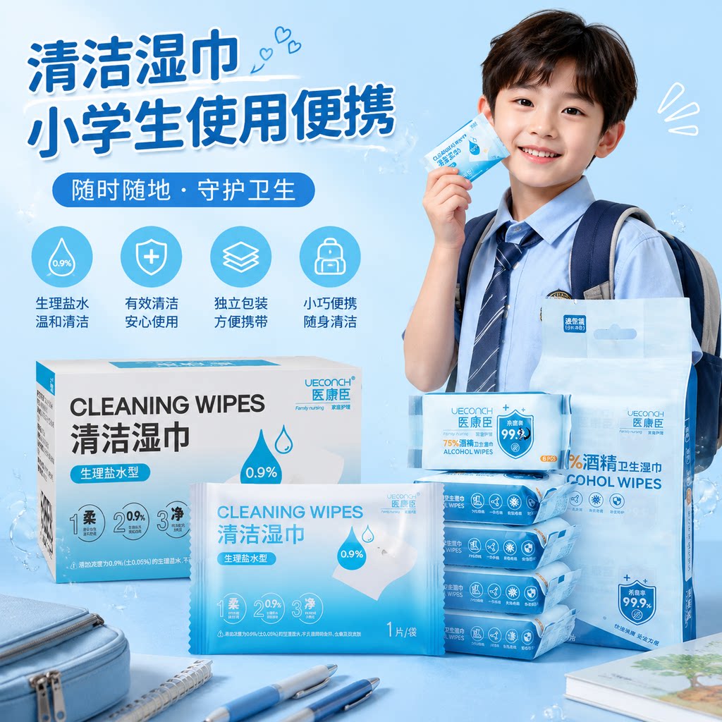 75酒精湿巾生理盐水独立包装儿童学生便携随身装皮肤清洁消毒杀菌