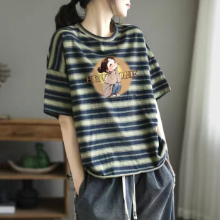 上衣潮 宽松休闲半袖 外贸出口清仓100%纯棉气质条纹t恤女短袖 夏季