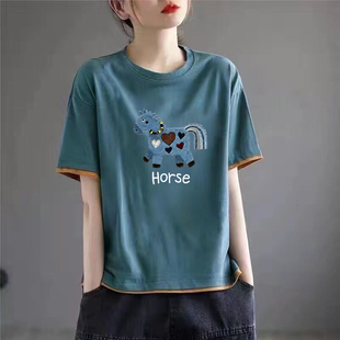 时尚 洋气上衣服 休闲圆领拼接T恤女夏季 大牌清仓出口100%纯棉短袖