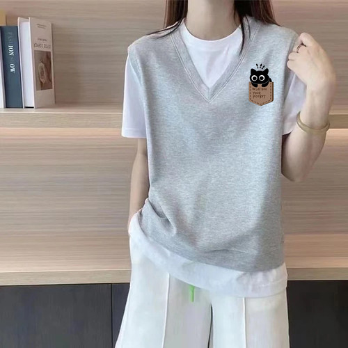 100%纯棉花灰色短袖假两件t恤女