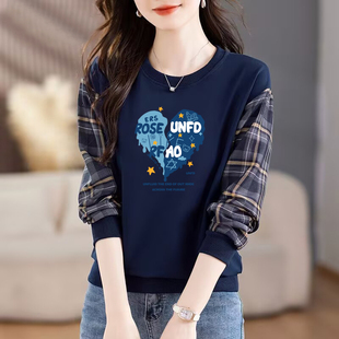 外贸出口高端品牌纯棉长袖 宽松显瘦拼接打底上衣 气质卫衣女春秋装