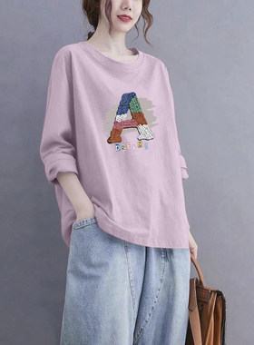 外贸清仓品牌出口100%纯棉气质长袖t恤女2025秋宽松显瘦外穿上衣