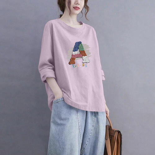 外贸清仓品牌出口100%纯棉气质长袖t恤女2025秋宽松显瘦外穿上衣