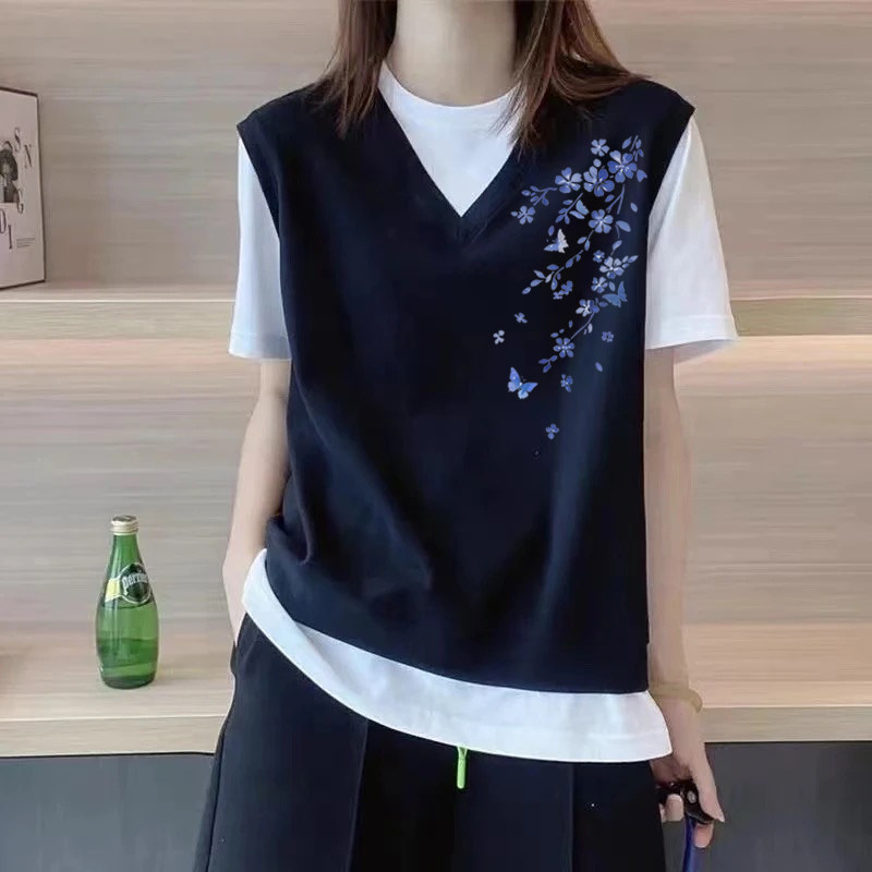 外贸出口清仓100%纯棉夏半袖假两件套T恤女宽松大码显瘦休闲上衣