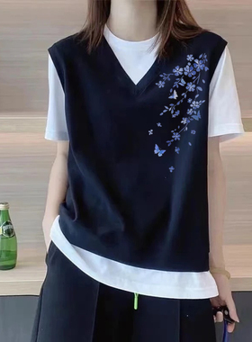外贸出口清仓100%纯棉夏半袖假两件套T恤女宽松大码显瘦休闲上衣