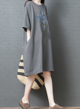 外贸出口清仓100%纯棉气质短袖中长款t恤女宽松时尚百搭上衣裙夏