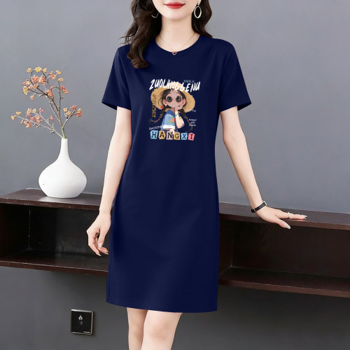 100%纯棉短袖女连衣裙夏T恤裙