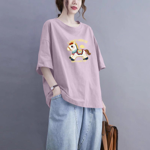 外贸品牌折扣店100%纯棉短袖 气质T恤女宽松高档减龄休闲上衣夏季