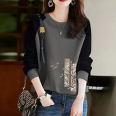 卫衣秋冬拼接圆领套头宽松大码 外贸出口纯棉女长袖 时尚 印花上衣潮