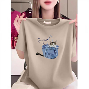 宽松休闲印花t恤衫 新款 气质上衣女夏季 外贸出口100%纯棉圆领短袖