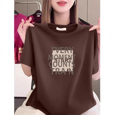 100%纯棉咖啡色圆领短袖t恤女