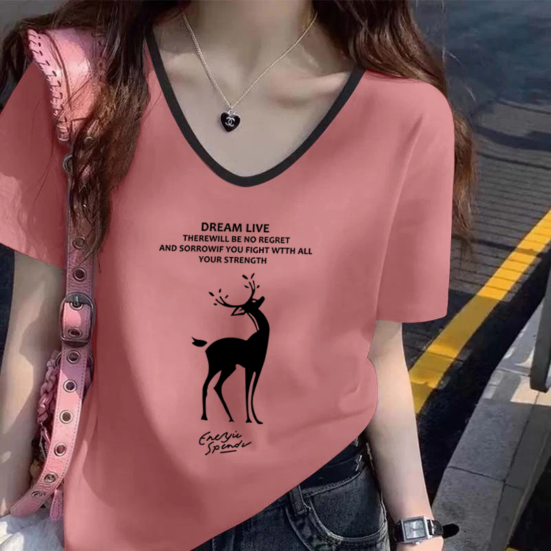 100%纯棉短袖V公领t恤女上衣夏