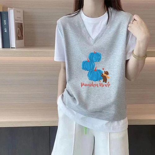 100%纯棉假两件宽松T恤上衣