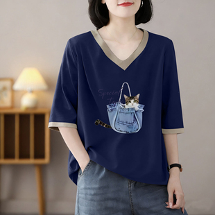 T恤衫 休闲时尚 气质V领上衣女夏简约半袖 外贸高端出口100%纯棉短袖