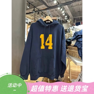 Brandy 复古藏蓝色14印花连帽套头卫衣bm宽松慵懒风上衣 Girl美式