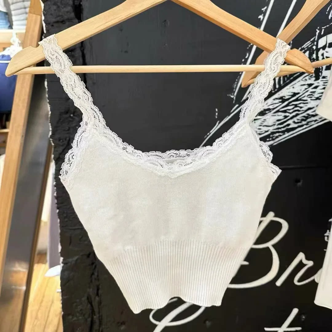 Brandy Girl美式复古蕾丝花边针织螺纹吊带背心bm性感辣妹上衣女