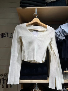 bm高腰显瘦修身 Brandy 针织衫 复古V领坑条长袖 毛衣上衣女 Girl美式