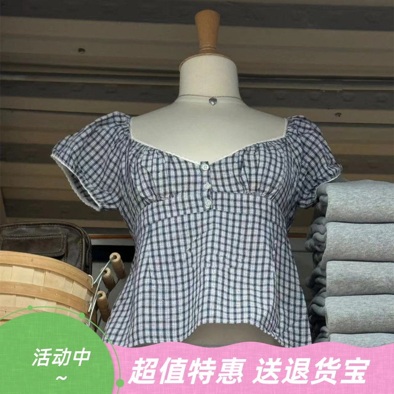 美式复古花边领泡泡袖格子衬衫