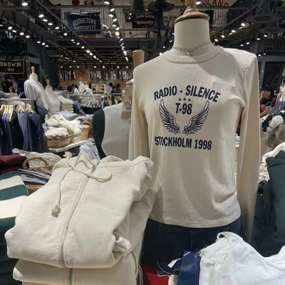 美式复古字母翅膀印花长袖T恤