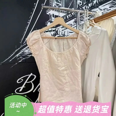 美式复古泡泡袖纽扣系带收腰衬衫