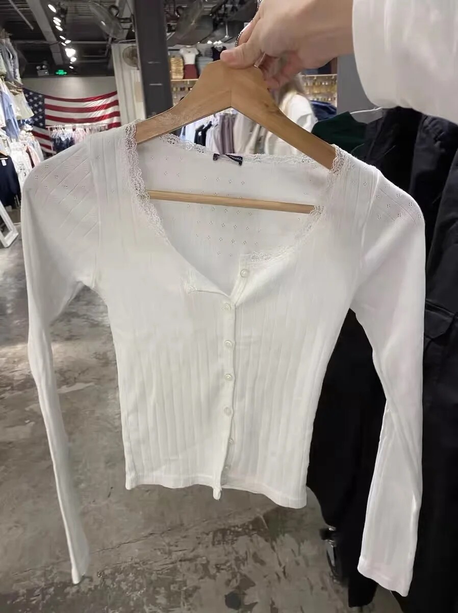 Brandy Girl新款Zelly top孔眼上衣女bm风蕾丝花边纯棉长袖t恤
