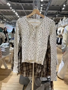 Brandy Girl美式复古华夫格碎花长袖T恤bm显瘦外穿纽扣上衣女ins