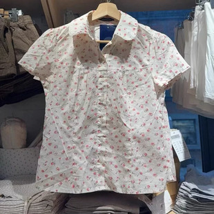 Brandy Girl美式复古辣妹碎花短袖衬衫bm风修身显瘦百搭打底上衣
