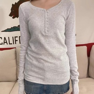 T恤bm修身 复古纽扣华夫格长袖 显瘦百搭打底上衣女 Girl美式 Brandy