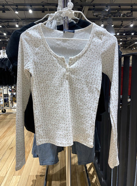 Brandy Girl官网zelly纯棉碎花打底上衣bm风三粒扣孔眼长袖t恤