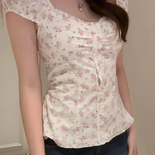 Brandy Girl美式复古碎花V领短袖衬衫bm风修身性感显瘦百搭上衣女