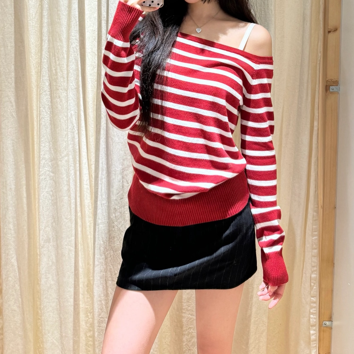 Brandy Girl美式复古辣妹条纹斜肩领毛衣bm风修身显瘦百搭针织衫