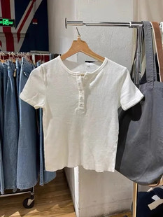 T恤bm风显瘦修身 复古纽扣圆领毛边短袖 打底上衣女 Girl美式 Brandy