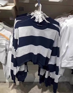 卷边宽松套头卫衣女 复古条纹上衣bm学院风短款 Brandy Girl美式