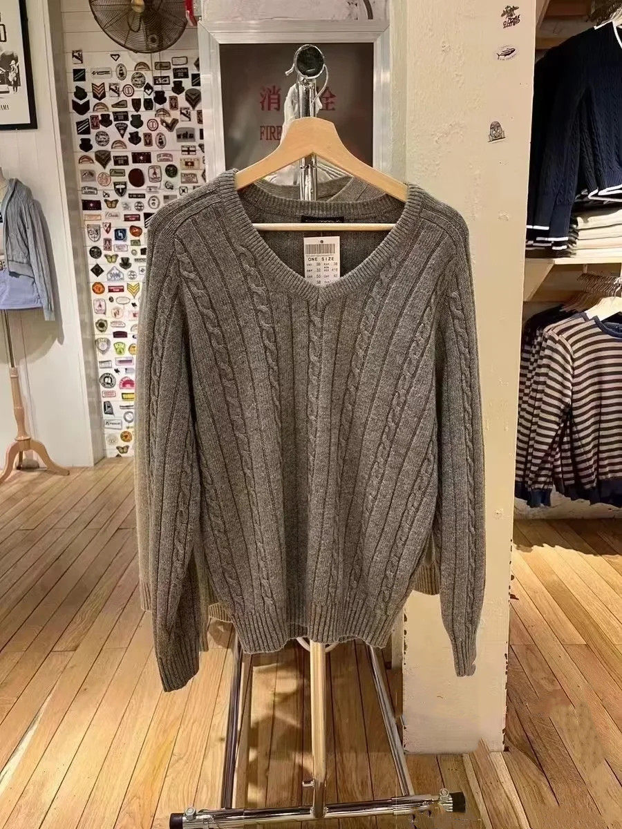 Brandy Girl美式复古V领麻花灰色针织衫bm风宽松套头毛衣外套女