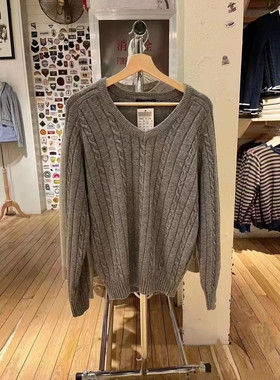 Brandy Girl美式复古V领麻花灰色针织衫bm风宽松套头毛衣外套女
