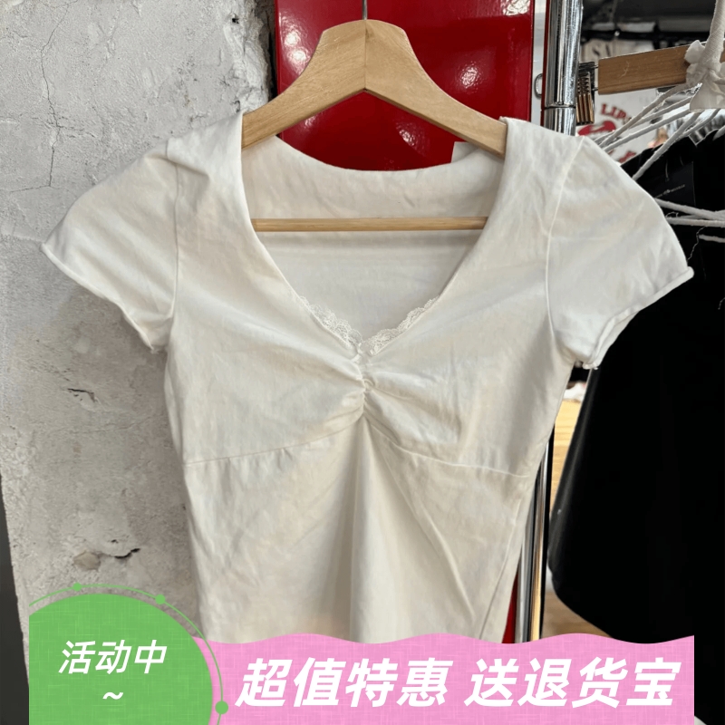 美式复古蕾丝打褶短袖T恤