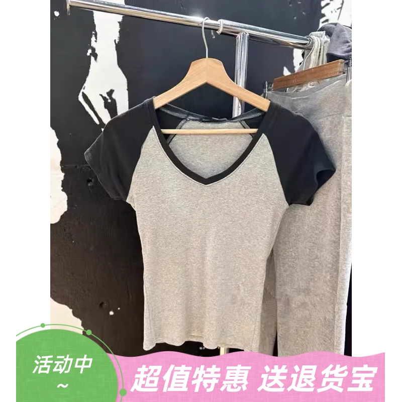 美式复古V领插肩袖短袖T恤