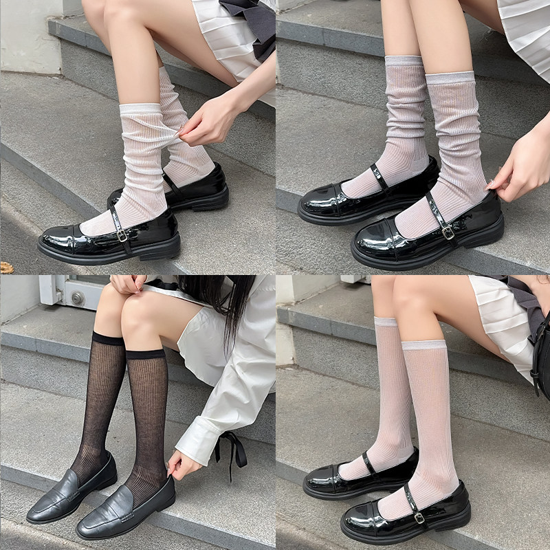 jk小腿袜女夏季薄款黑色长袜配玛丽珍小皮鞋白色长筒堆堆袜子夏天
