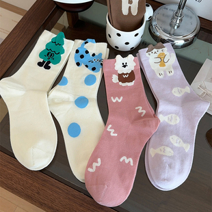 可爱卡通袜子女纯棉中筒袜ins潮春秋季 大波点猫咪白色长袜 网红款