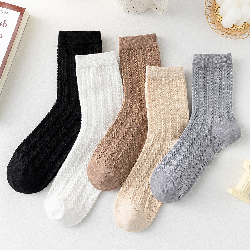 麻花纹袜子女中筒袜夏季纯棉薄款ins潮日系纯色英伦风春秋款长袜