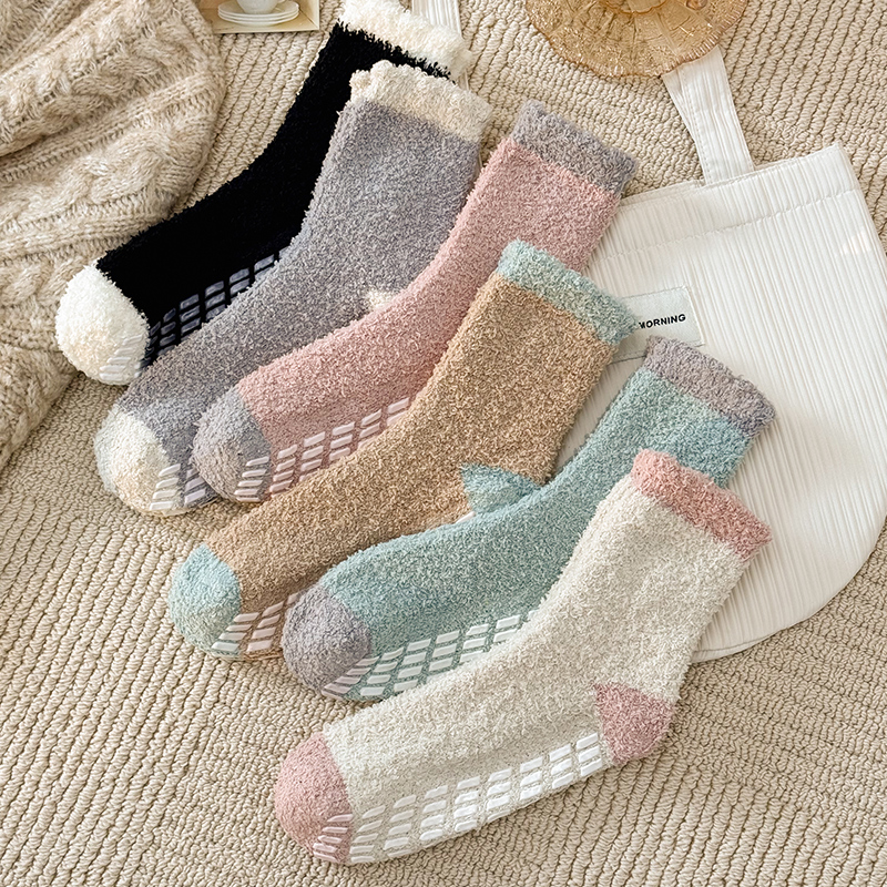 珊瑚绒地板袜子女秋冬季保暖加厚加绒防滑隔凉成人室内家居月子袜