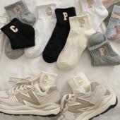 字母刺绣袜子女短袜纯棉春秋季 吸汗防臭运动袜中筒袜ins潮网红款