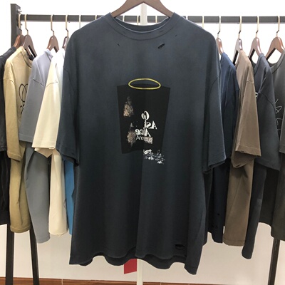 Paly Hollywood爱丽丝宝蓝色vintage破洞人像烫钻水洗做旧短袖T恤