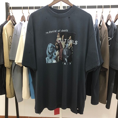 Paly Hollywood破洞女孩vintage水洗复古做旧宽松VTG短袖T恤男ins