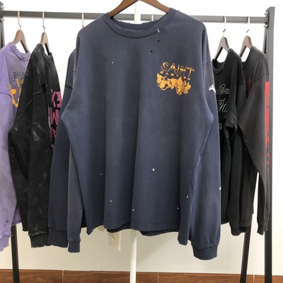 SAINT Michael x BABYLON联名款袖子印花图案洗水做旧长袖T恤男潮