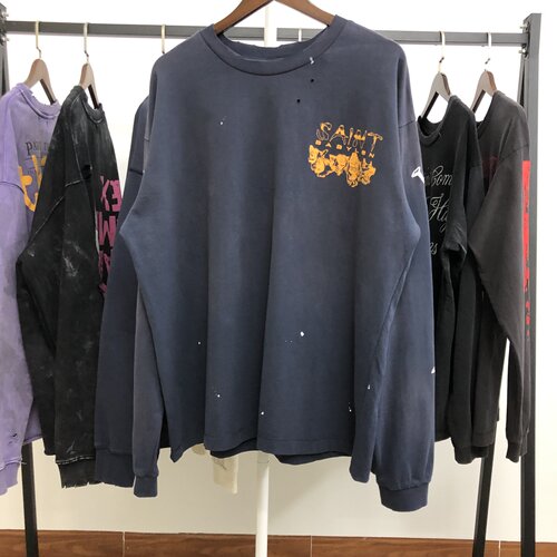 SAINT Michael x BABYLON联名款袖子印花图案洗水做旧长袖T恤男潮